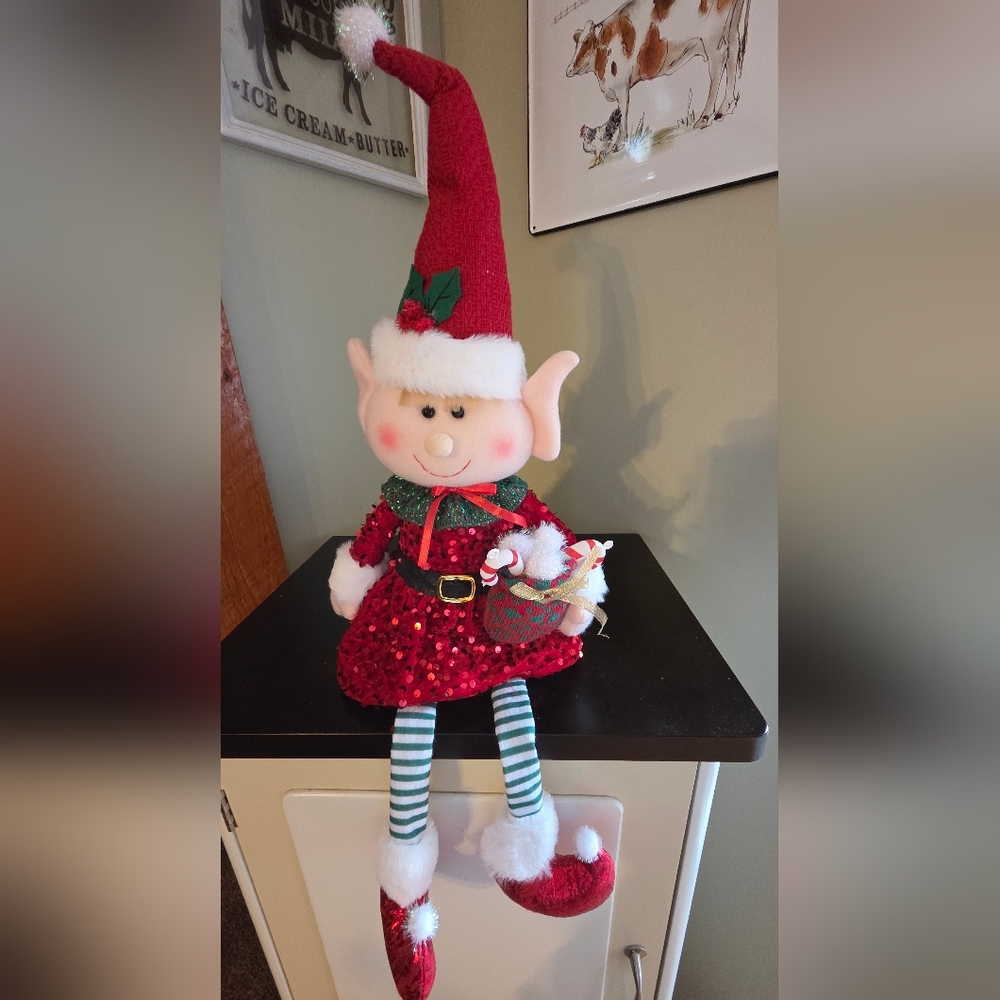 Jolly Girl Elf Plush Shelf Sitter Red Sequin Dress Candy Canes 23" NEW